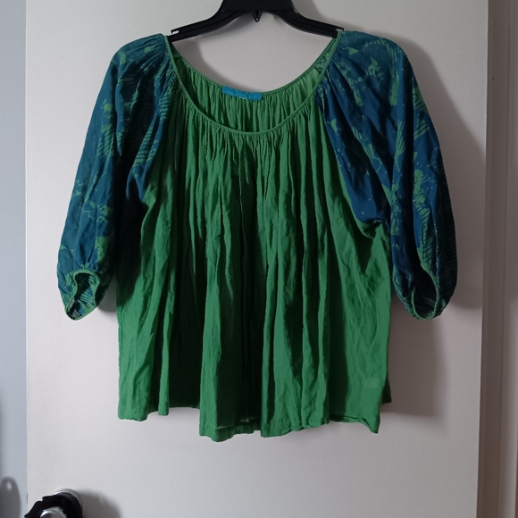 Virginia Johnson Tops - VIRGINIA JOHNSON Green + Blue Cotton Voile Puff Sleeve Blouse L